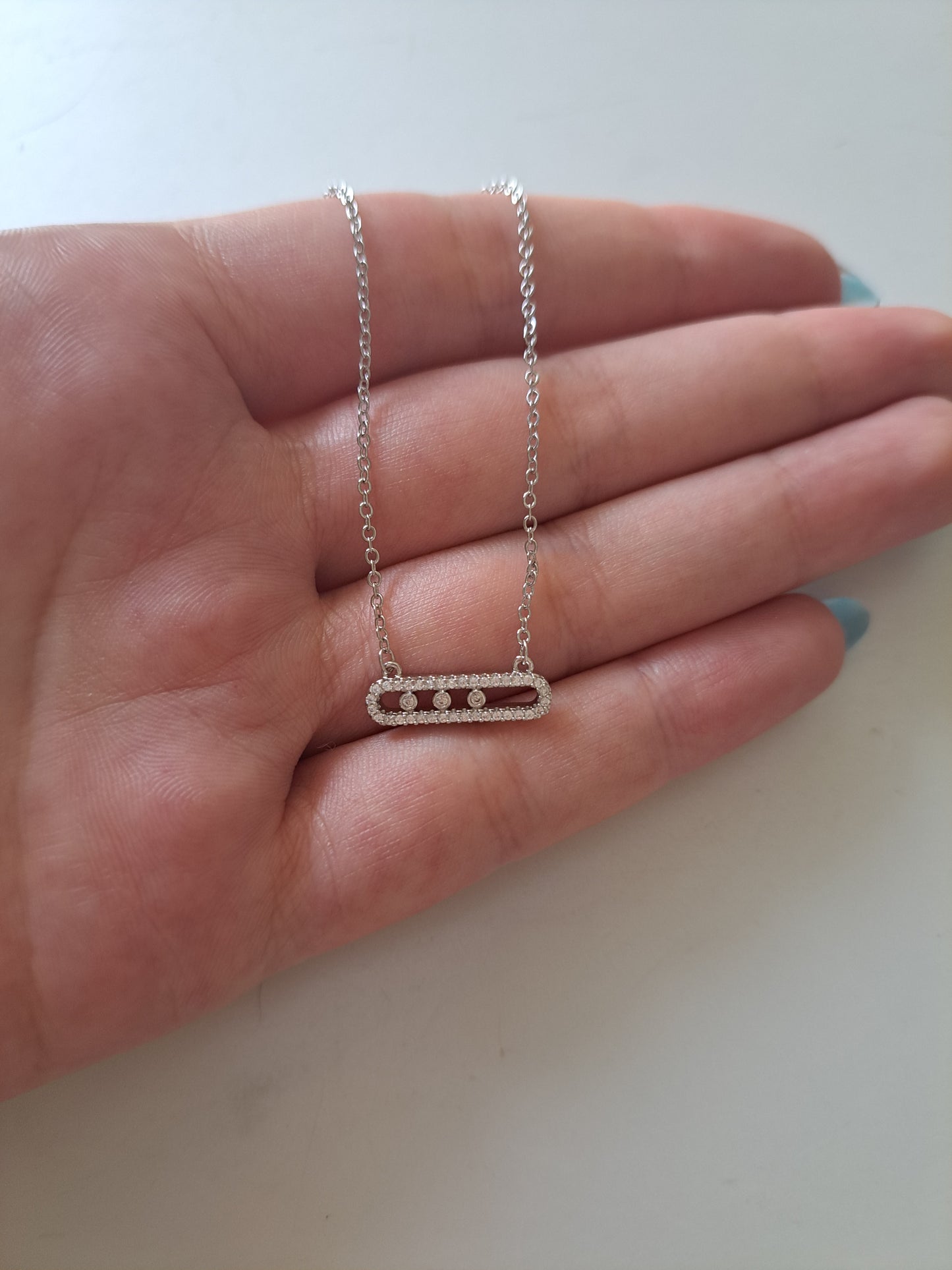 Silver Tone CZ Link Necklace Cubic Zirconia Bar Pendant Minimalist Necklace