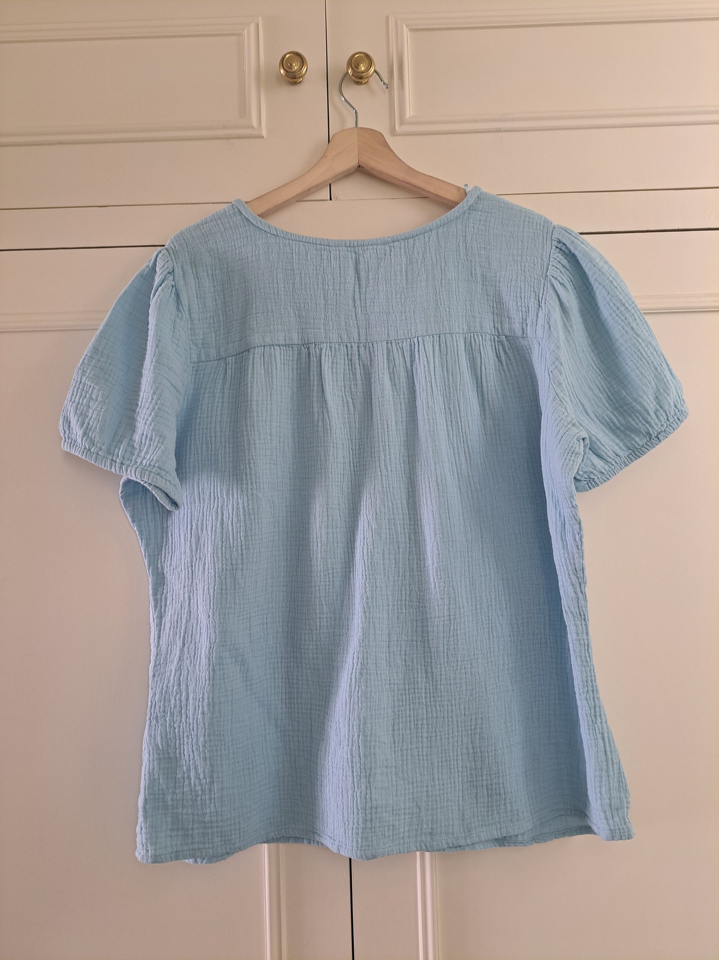 Bonmarché Light Blue Embroidered Top Size 16 Cotton Gauze Boho Blouse