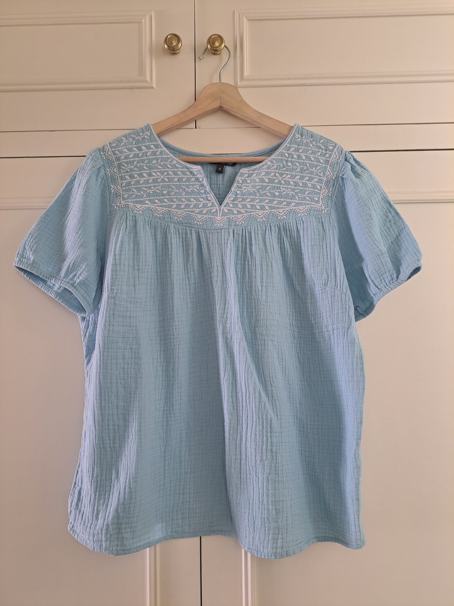 Bonmarché Light Blue Embroidered Top Size 16 Cotton Gauze Boho Blouse