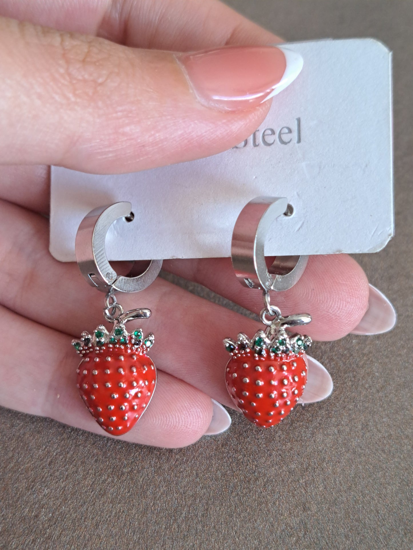 Strawberry Charm Hoop Earrings Silver Tone Fruit Drop Earrings Cute Kawaii S