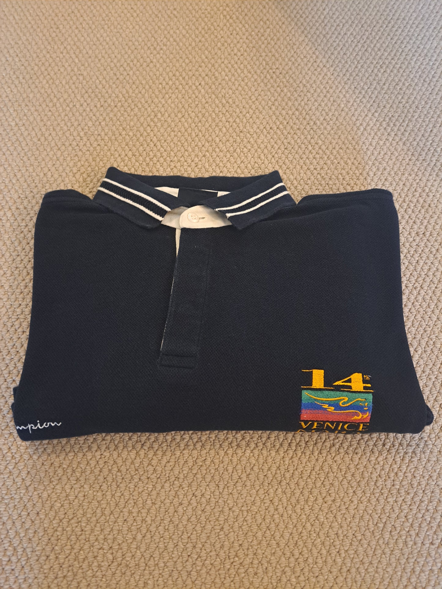 Champion Vintage Style Long Sleeve Polo Shirt Navy Size XL