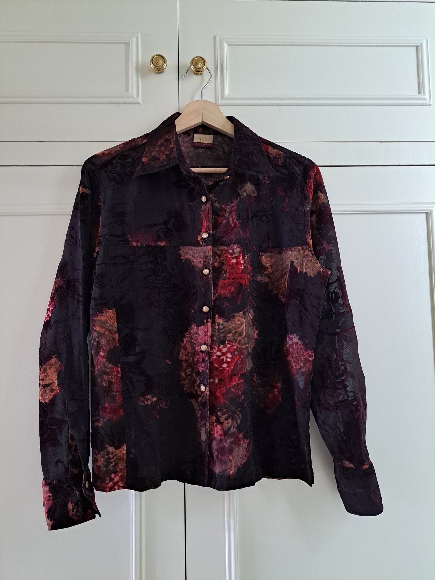 Sheer Floral Blouse Size 38 Black Burgundy Button-Up Shirt Romantic Top