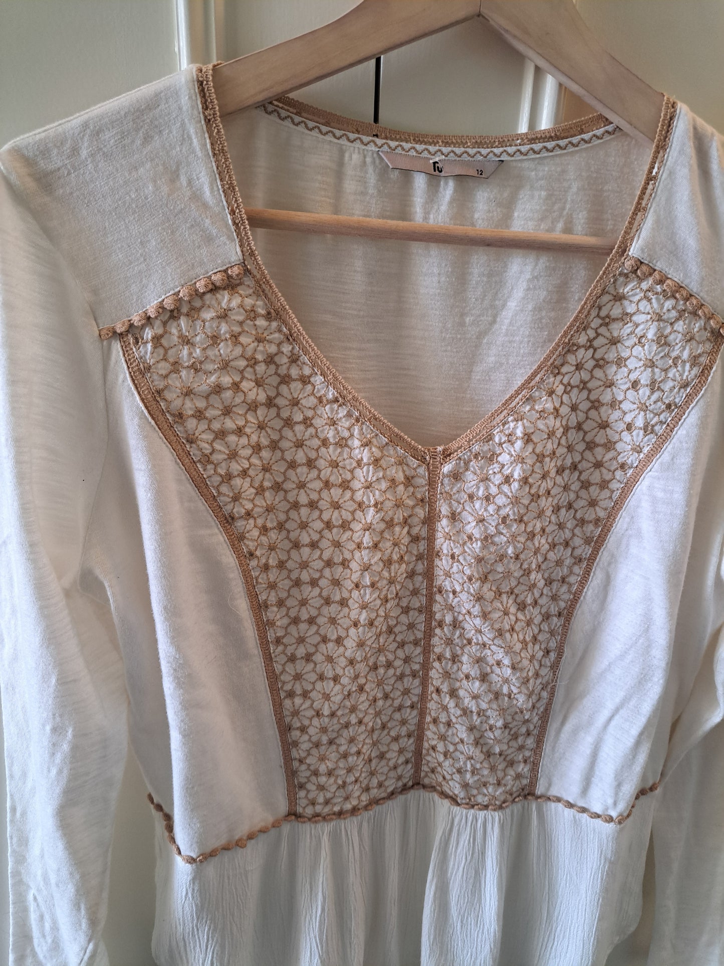 TU White Boho Embroidered Blouse Long Sleeve Peplum Top Size 12