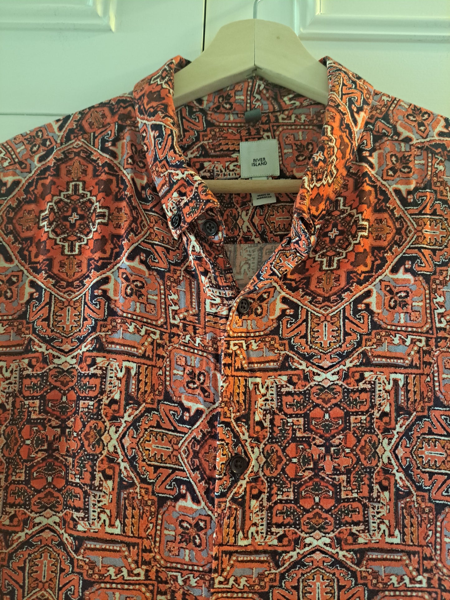River Island Men's Short Sleeve Pattern Shirt Pink Red Festival Holiday Summer S