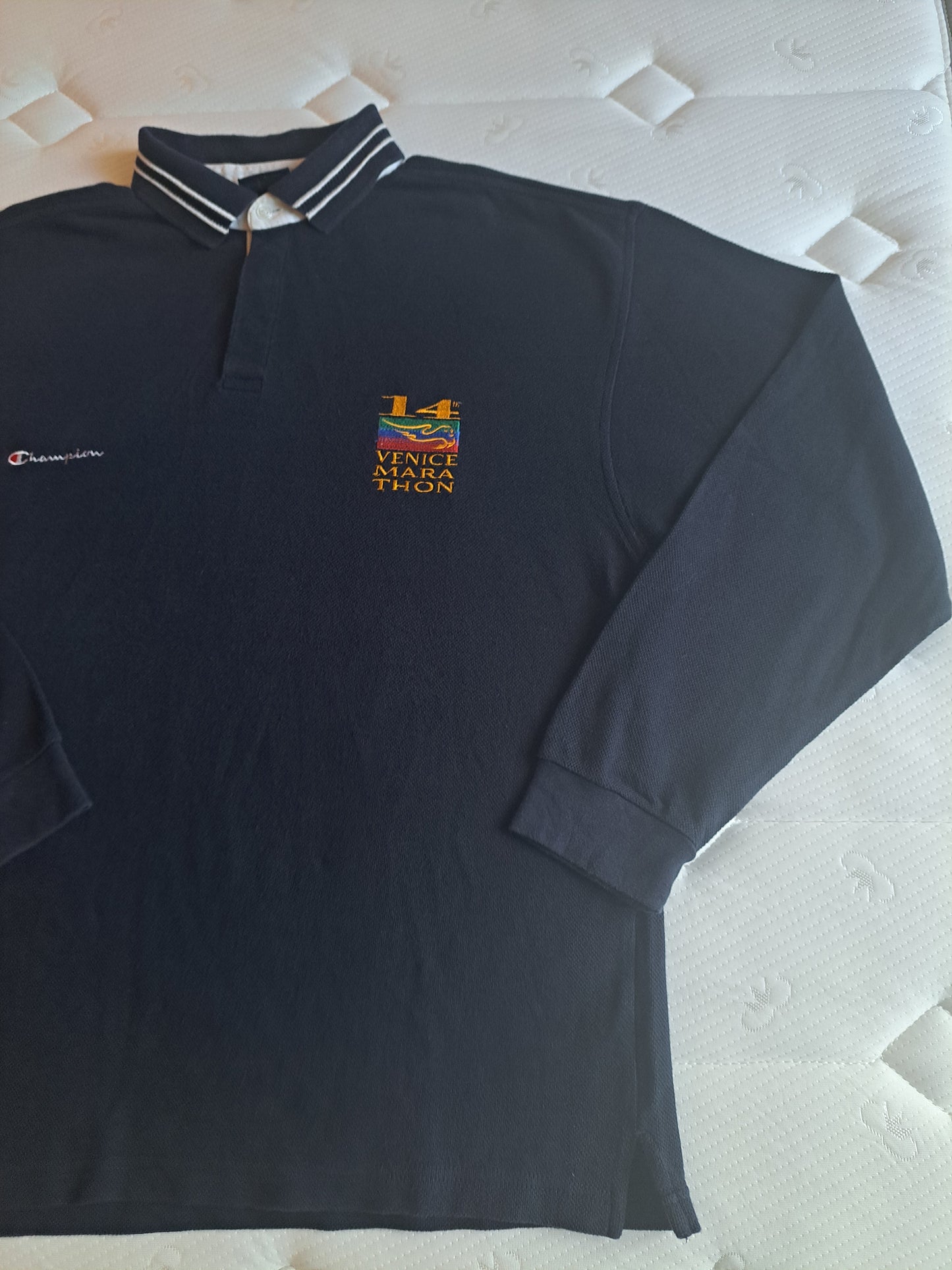 Champion Vintage Style Long Sleeve Polo Shirt Navy Size XL