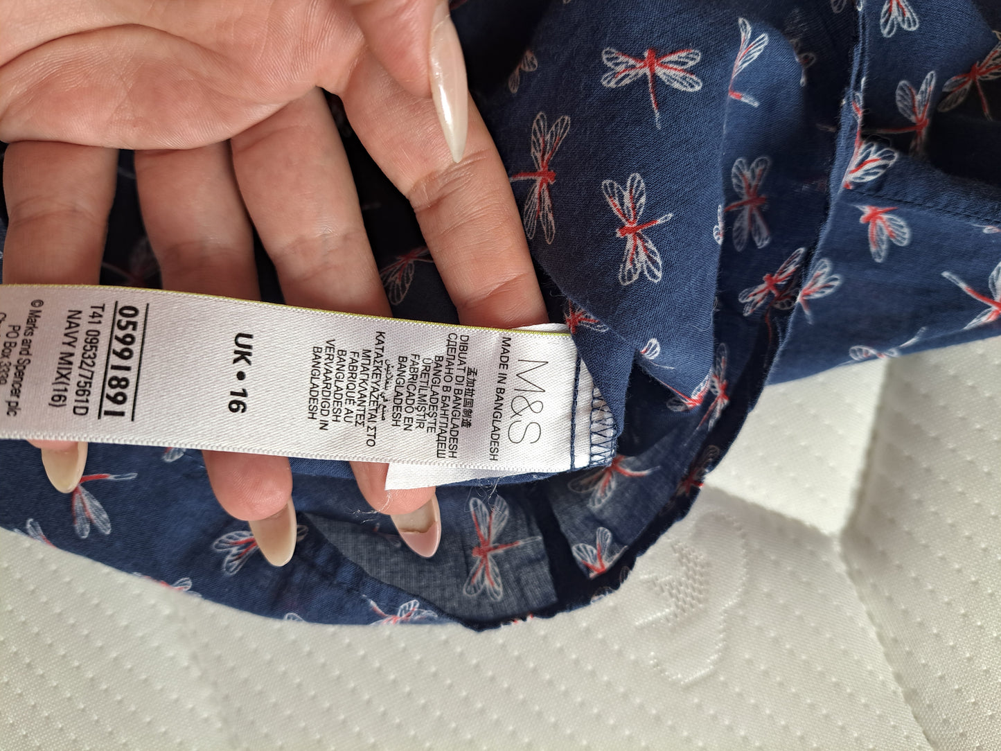 M&S Woman Dragonfly Print Blouse Size 16 Navy Short Sleeve Top