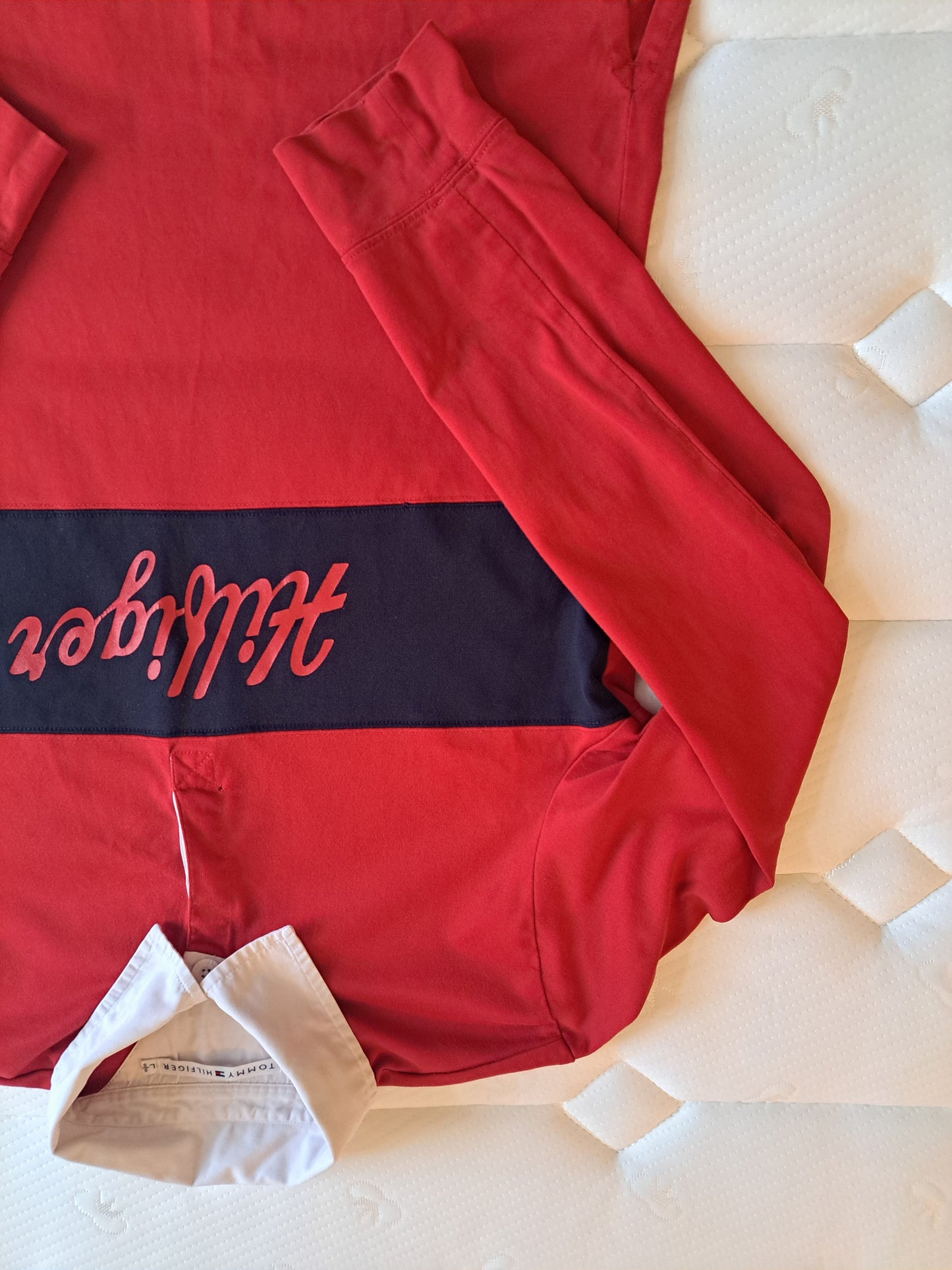 Tommy Hilfiger Rugby Shirt Red Navy Long Sleeve Polo Size L
