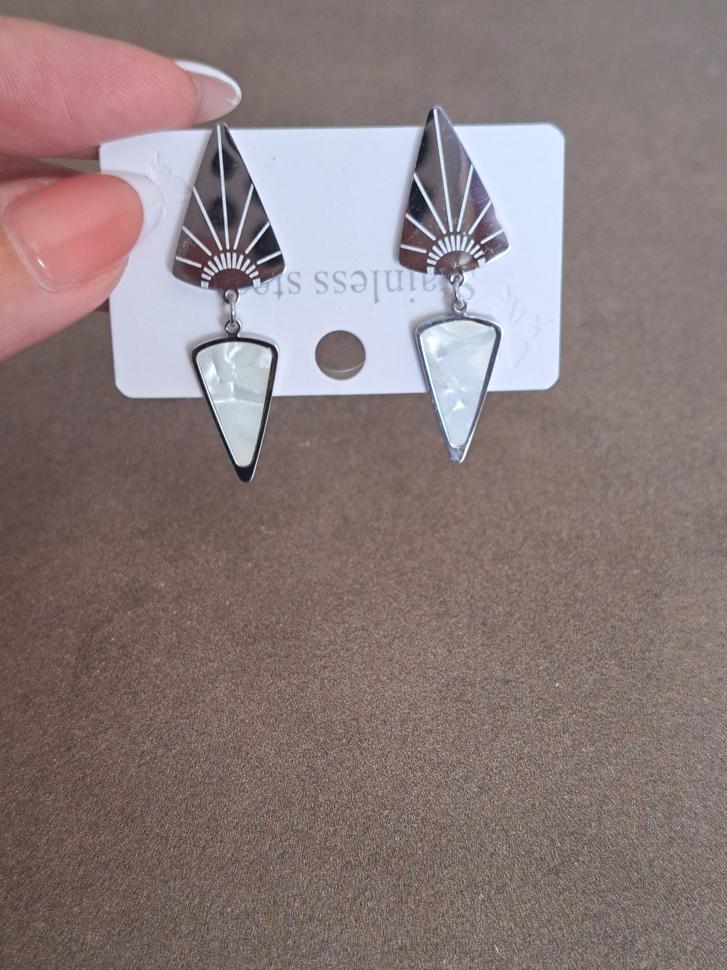 Stainless Steel Geometric Drop Earrings White Shell Effect Statement Earrings
