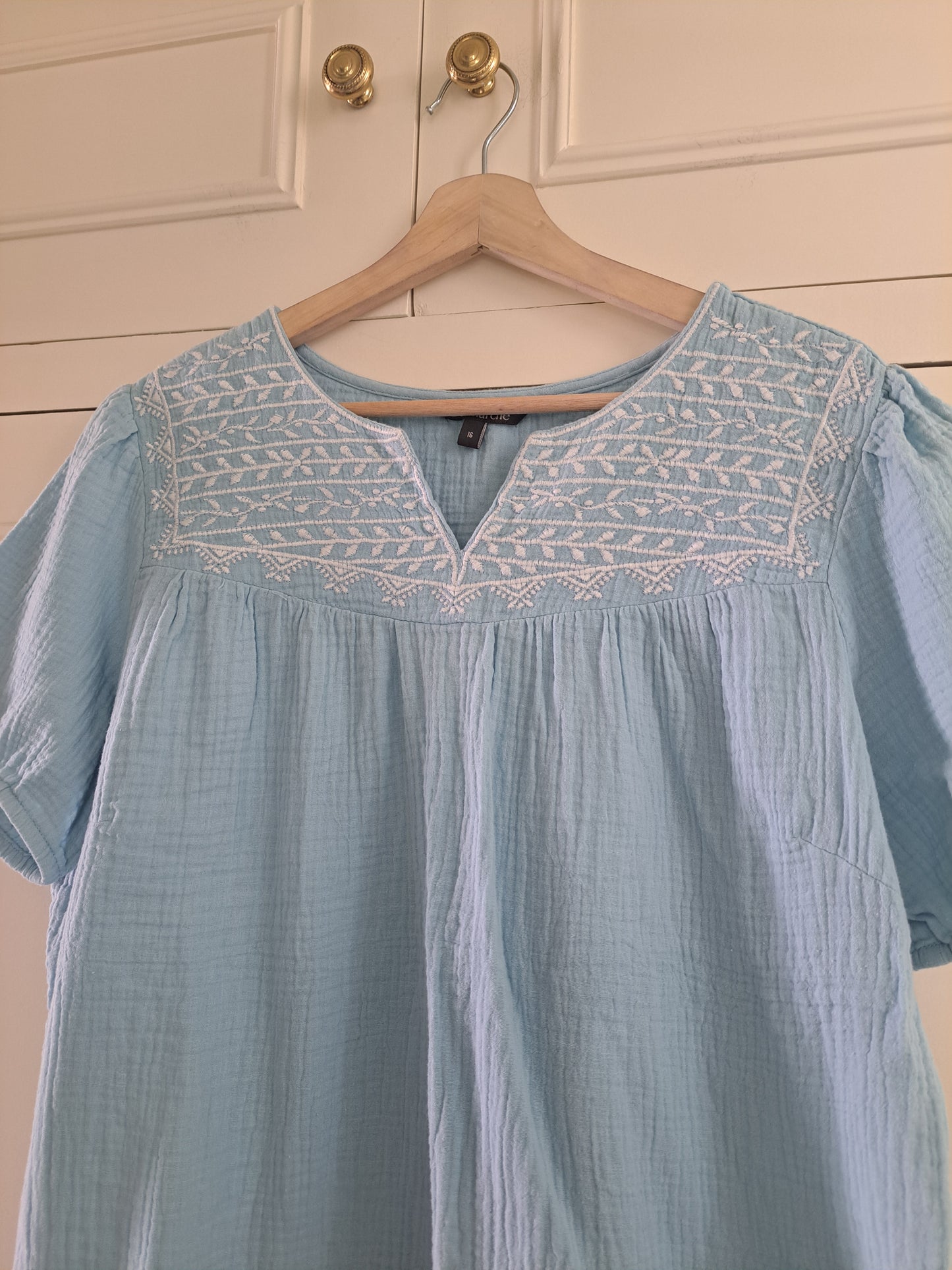 Bonmarché Light Blue Embroidered Top Size 16 Cotton Gauze Boho Blouse