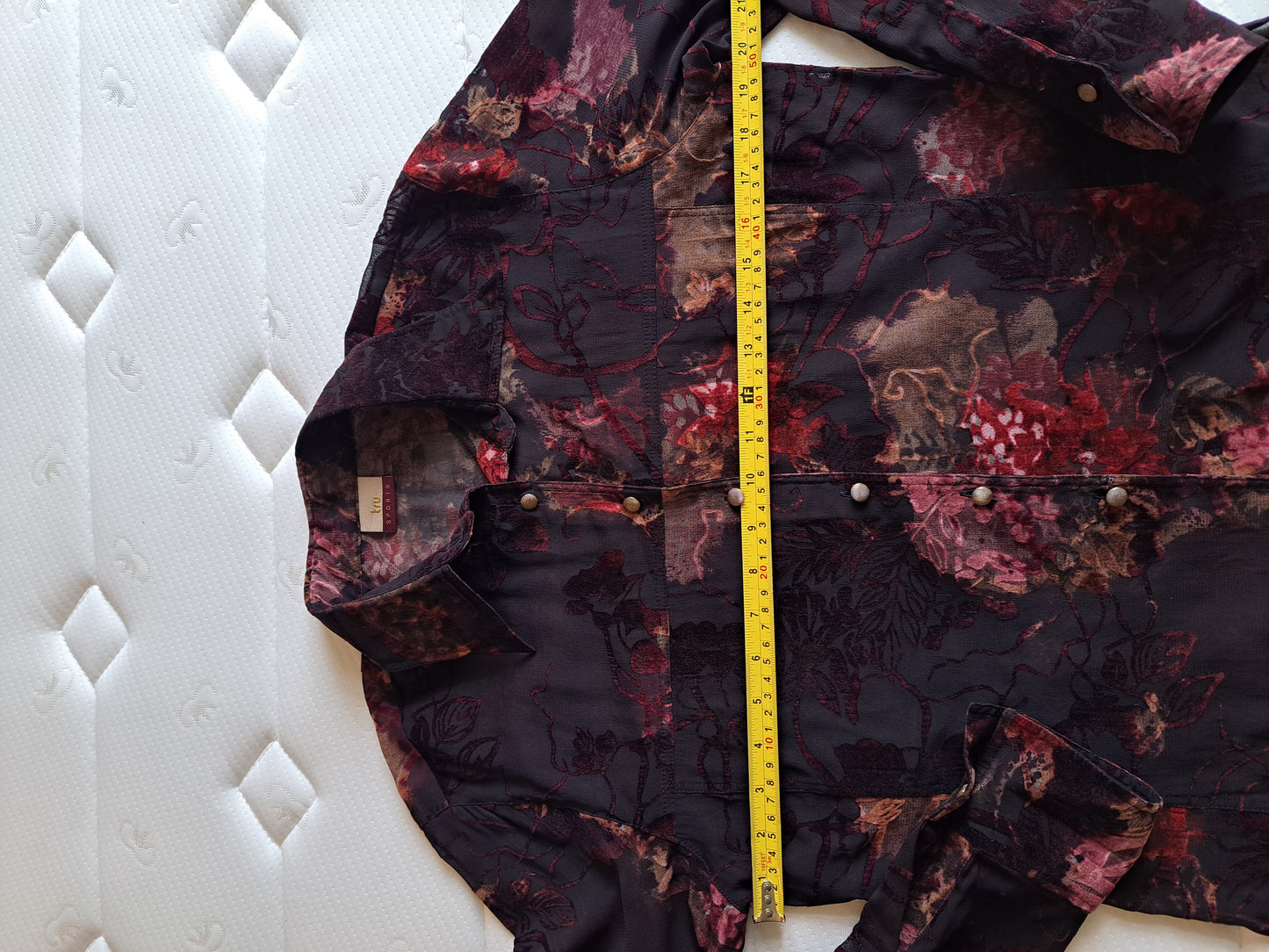 Sheer Floral Blouse Size 38 Black Burgundy Button-Up Shirt Romantic Top