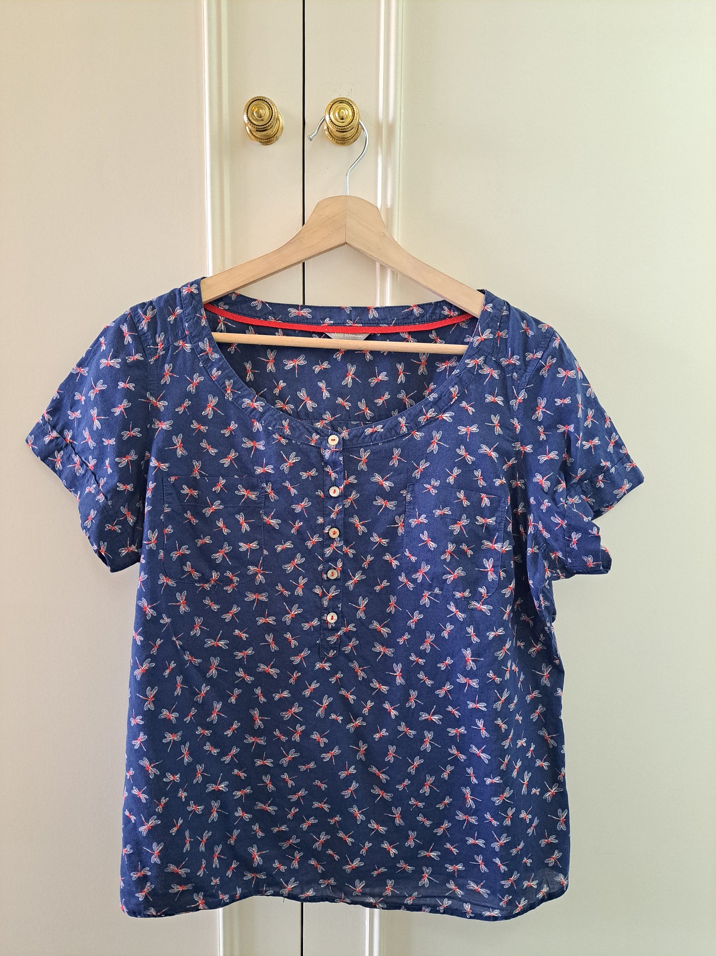 M&S Woman Dragonfly Print Blouse Size 16 Navy Short Sleeve Top