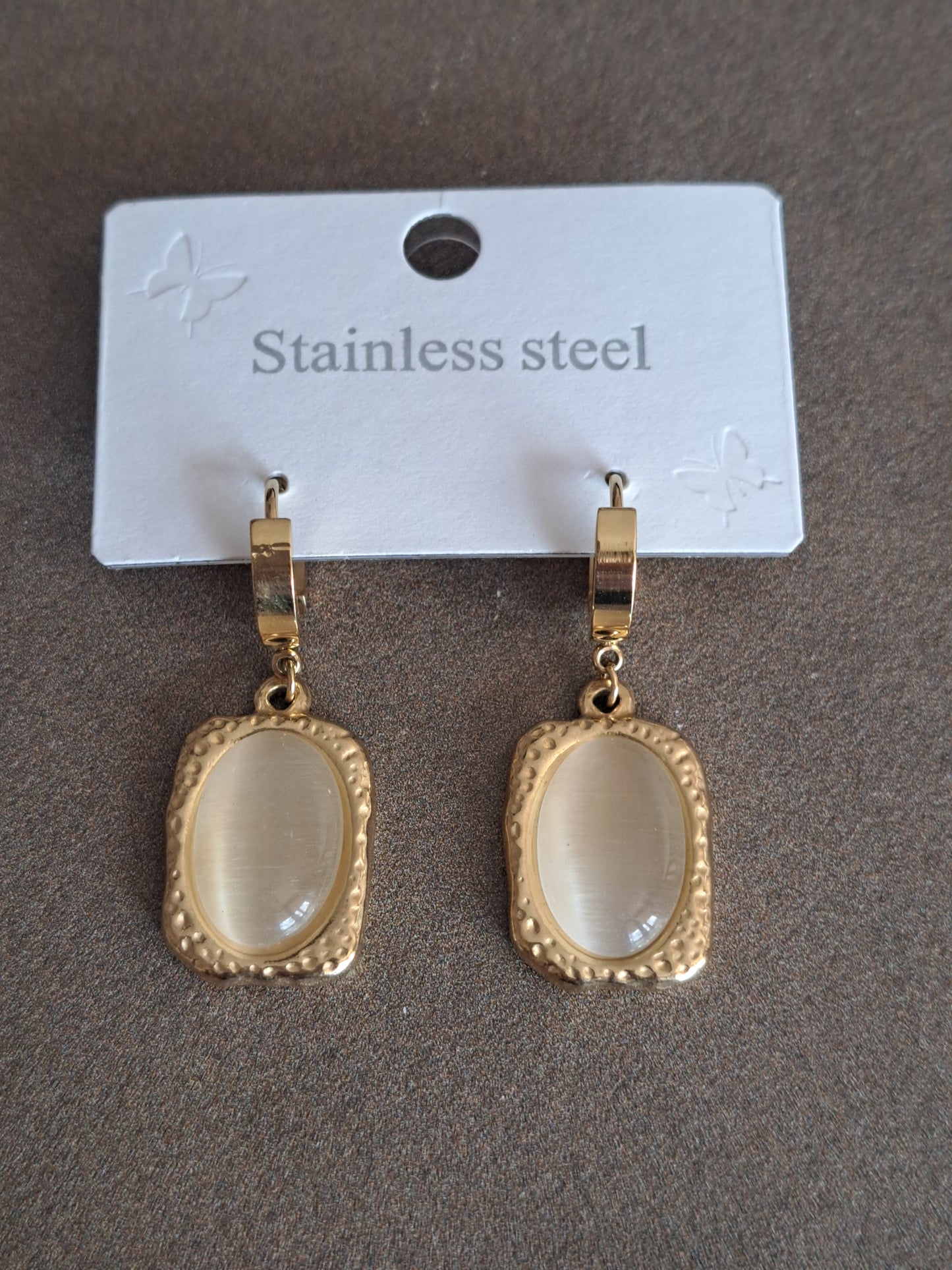 Stainless Steel Gold Tone Drop Earrings Cream Cat's Eye Effect Earrings Vint