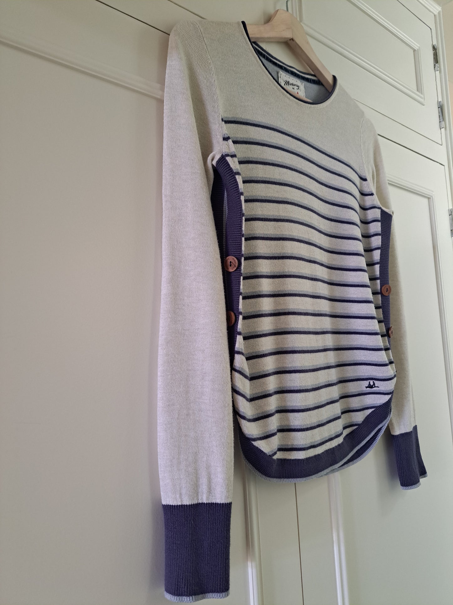 Mantaray Cream & Blue Striped Jumper Size 8 Nautical Button Detail