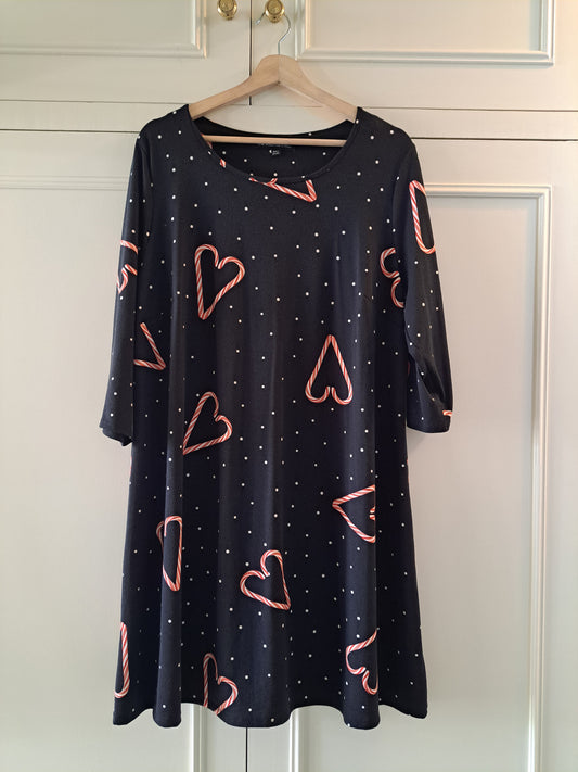 Capsule Black Heart Print Midi Dress UK 22 Stretch Casual Dress