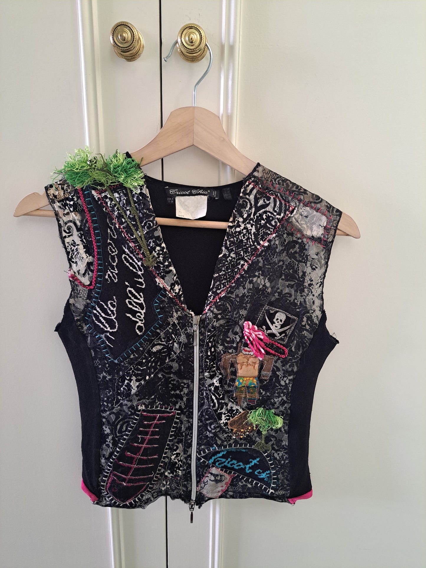 Exot Chic Embellished Zip Waistcoat UK 8 Boho Festival Gothic Vest Top