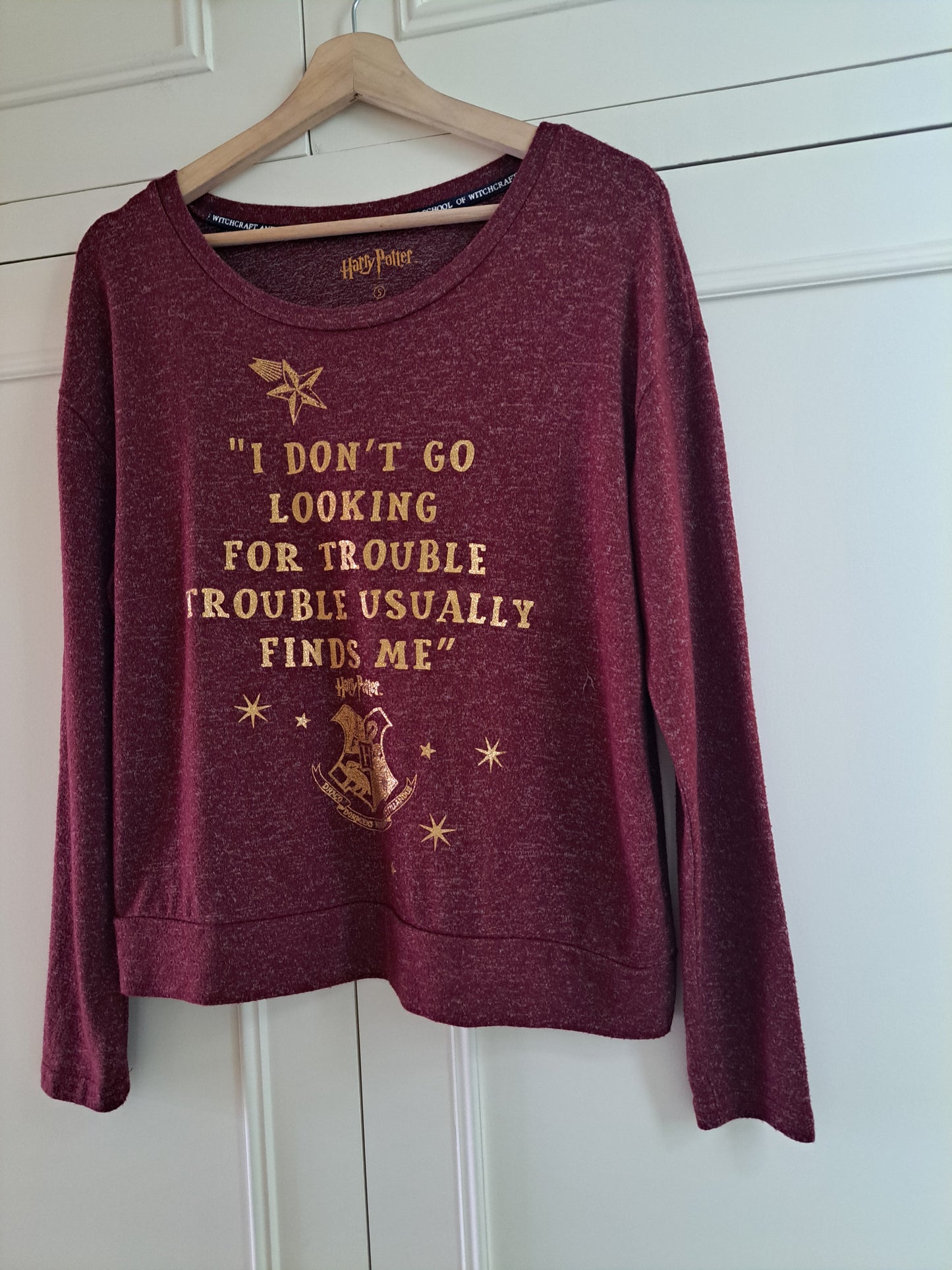 Harry Potter Burgundy Slogan Top Size S Hogwarts Long Sleeve T-Shirt