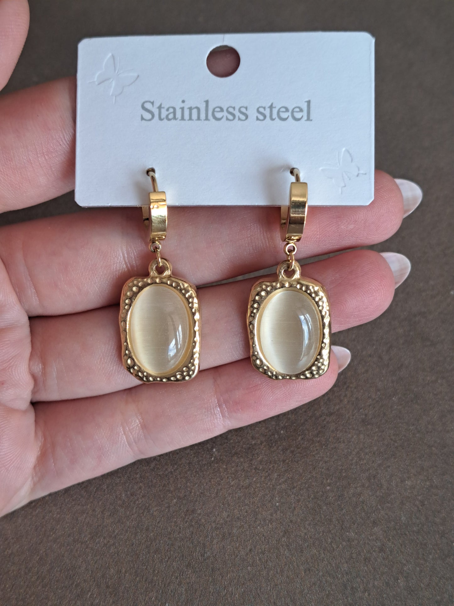 Stainless Steel Gold Tone Drop Earrings Cream Cat's Eye Effect Earrings Vint