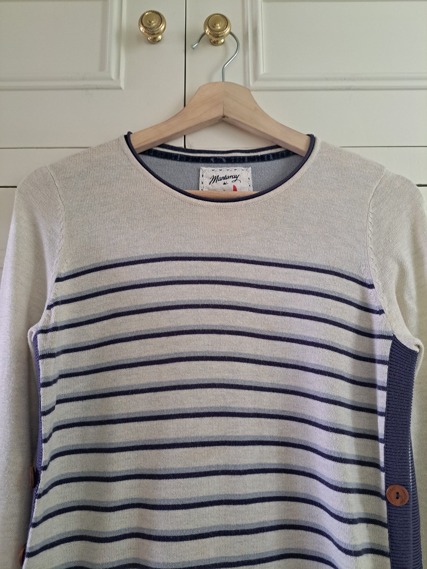 Mantaray Cream & Blue Striped Jumper Size 8 Nautical Button Detail