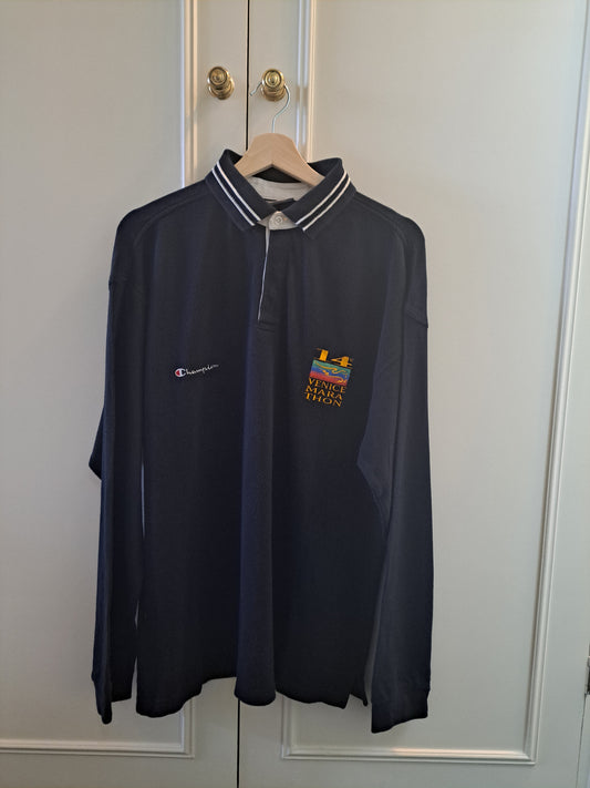 Champion Vintage Style Long Sleeve Polo Shirt Navy Size XL