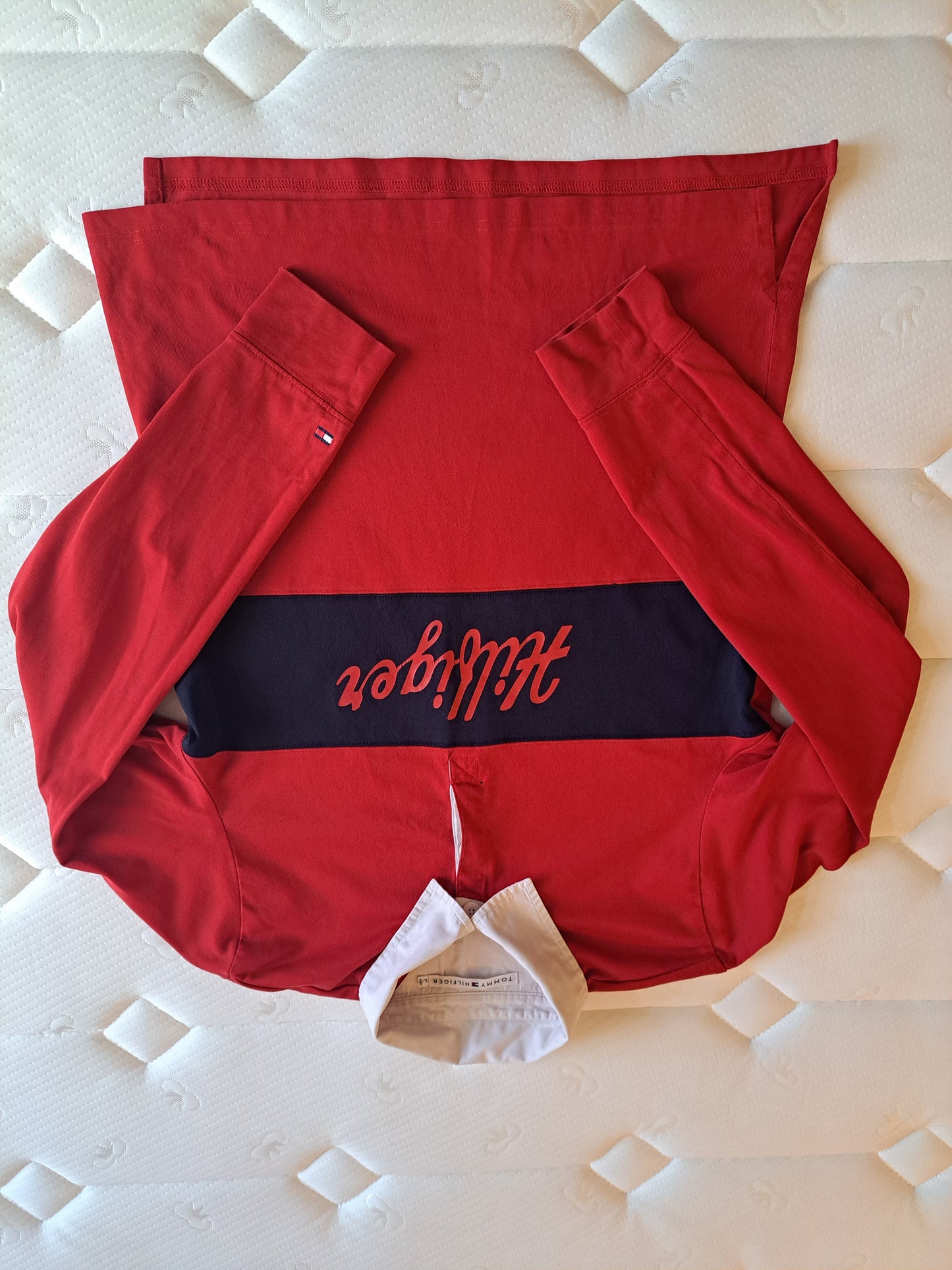 Tommy Hilfiger Rugby Shirt Red Navy Long Sleeve Polo Size L
