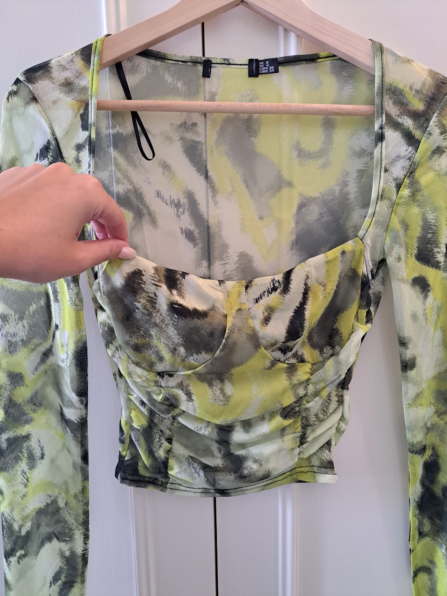 Green Mesh Ruched Long Sleeve Crop Top Size 8