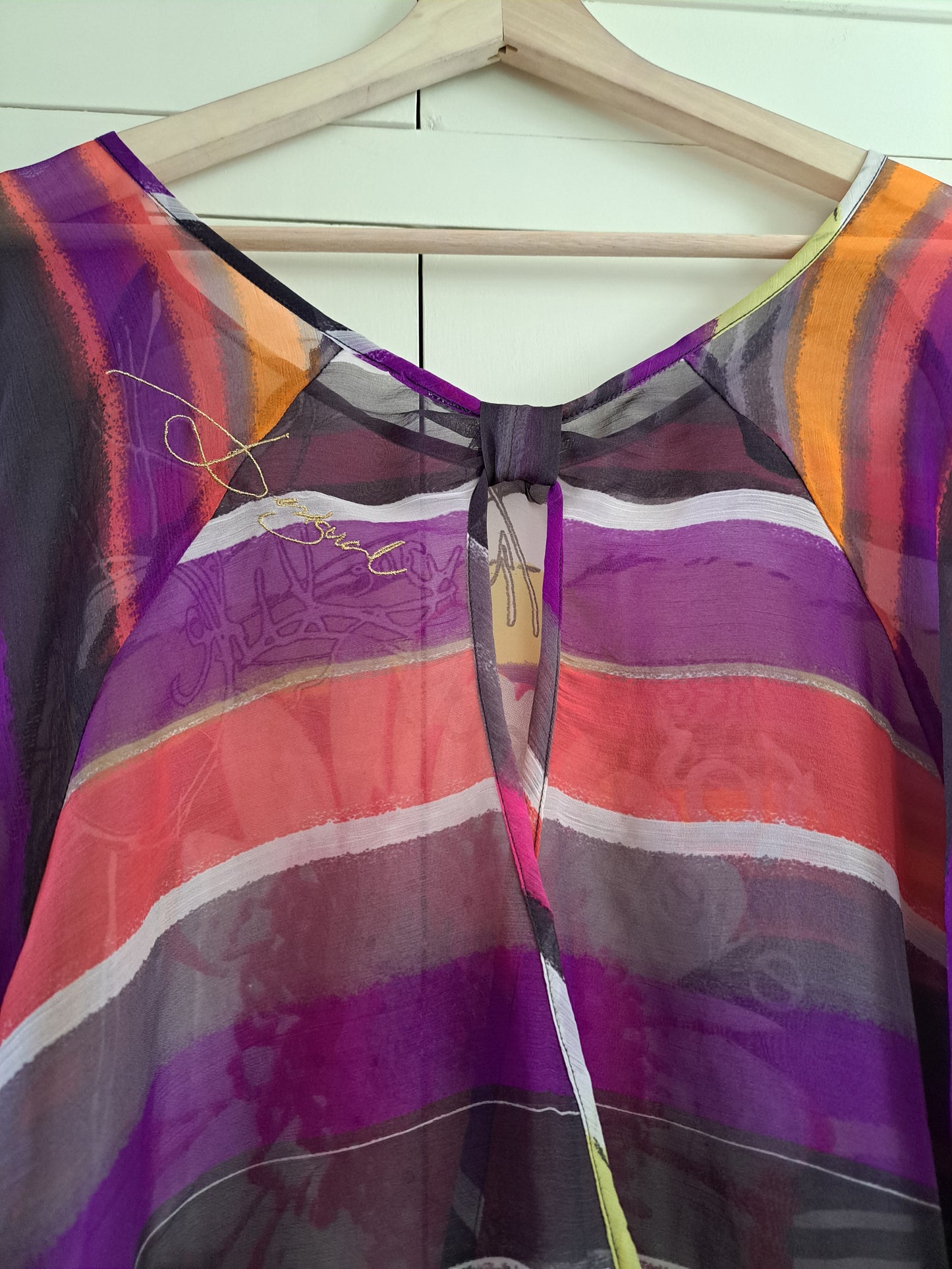 Desigual Colourful Kaftan Top UK XL Sheer Floral Striped Tunic Blouse