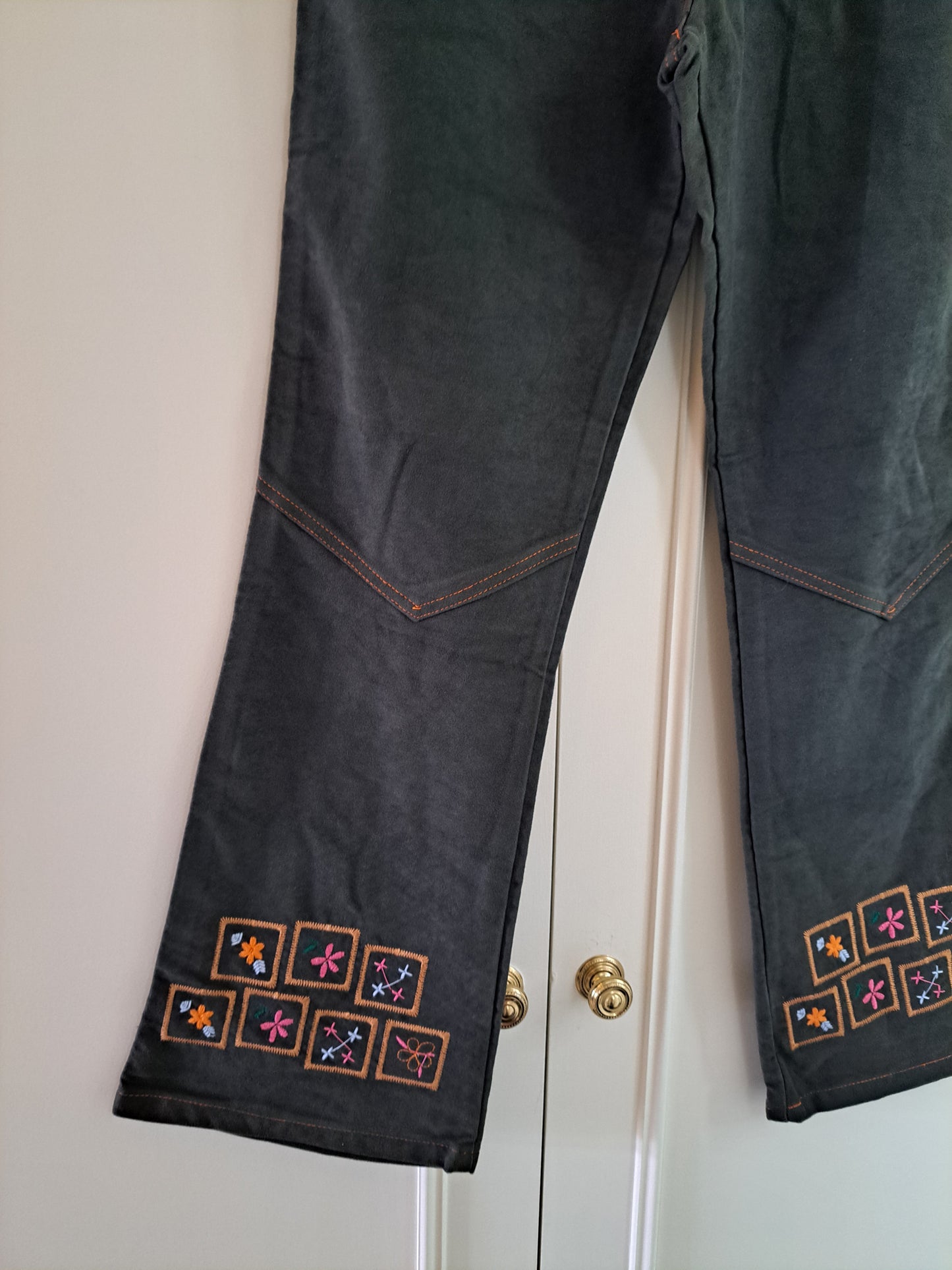Y2K Green Embroidered Flared Trousers Made in Italy Boho Festival Pants