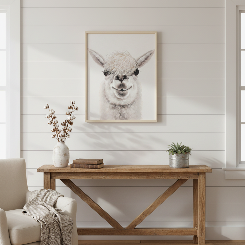 Framed Alpaca Wall Art with Touchable Textured Fur – Cute Animal Print Home Decor