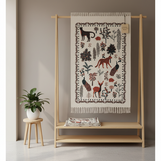 Woodland Animal Print Rug – Boho Forest Pattern Cotton Rug with Fringe 60x90cm