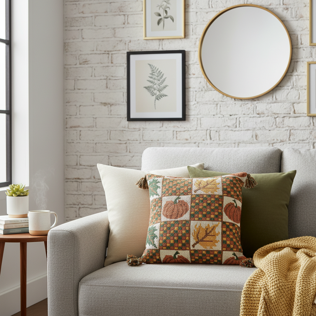 Autumn Pumpkin & Leaf Cotton Filled Cushion
