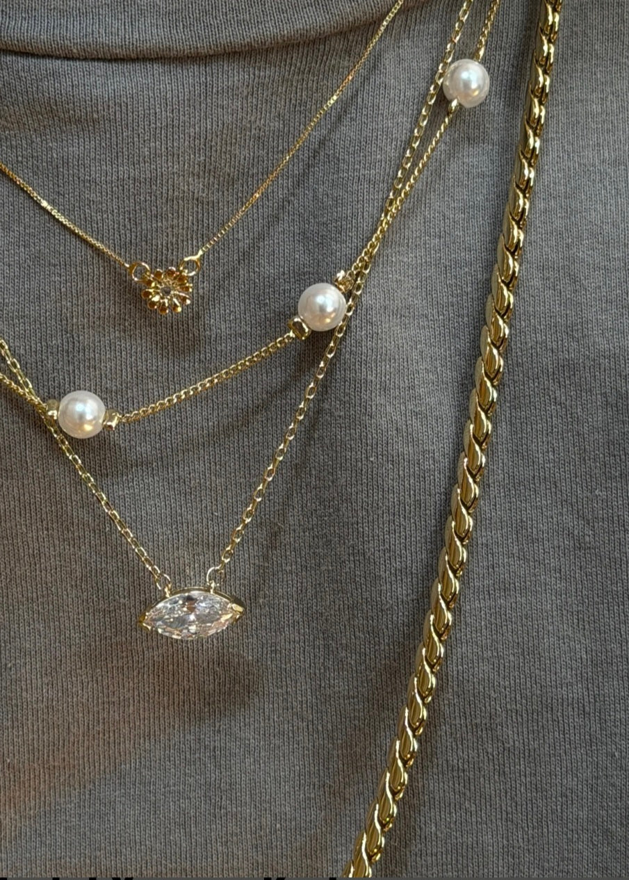 Gold Pearl Station Necklace – Minimalist Beaded Chain Necklace