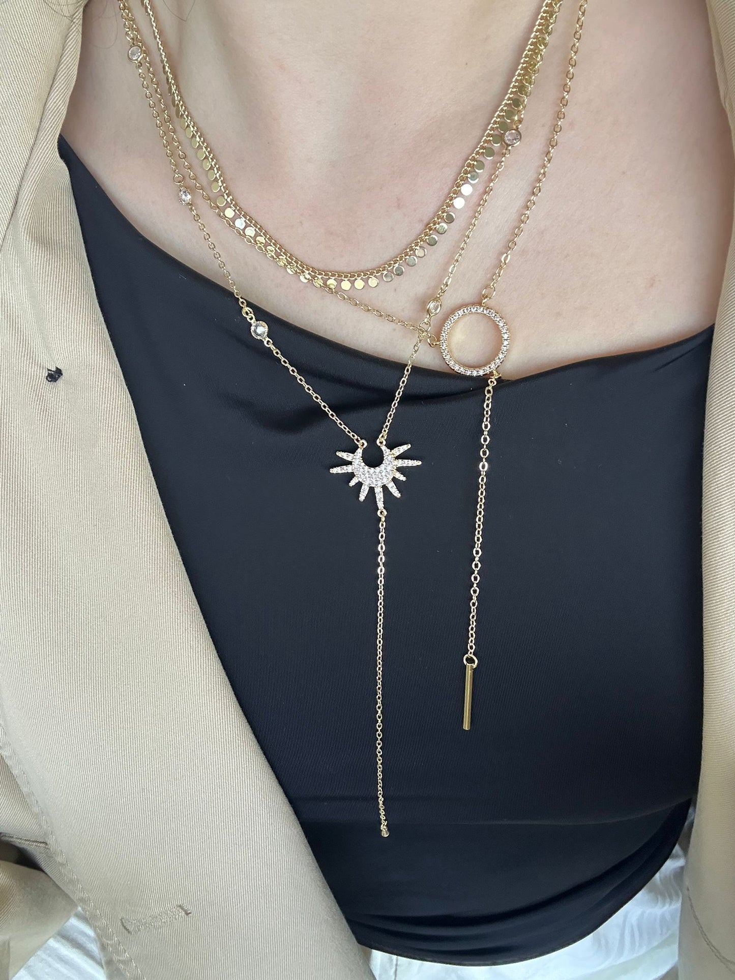 Gold Crystal Circle Lariat Necklace