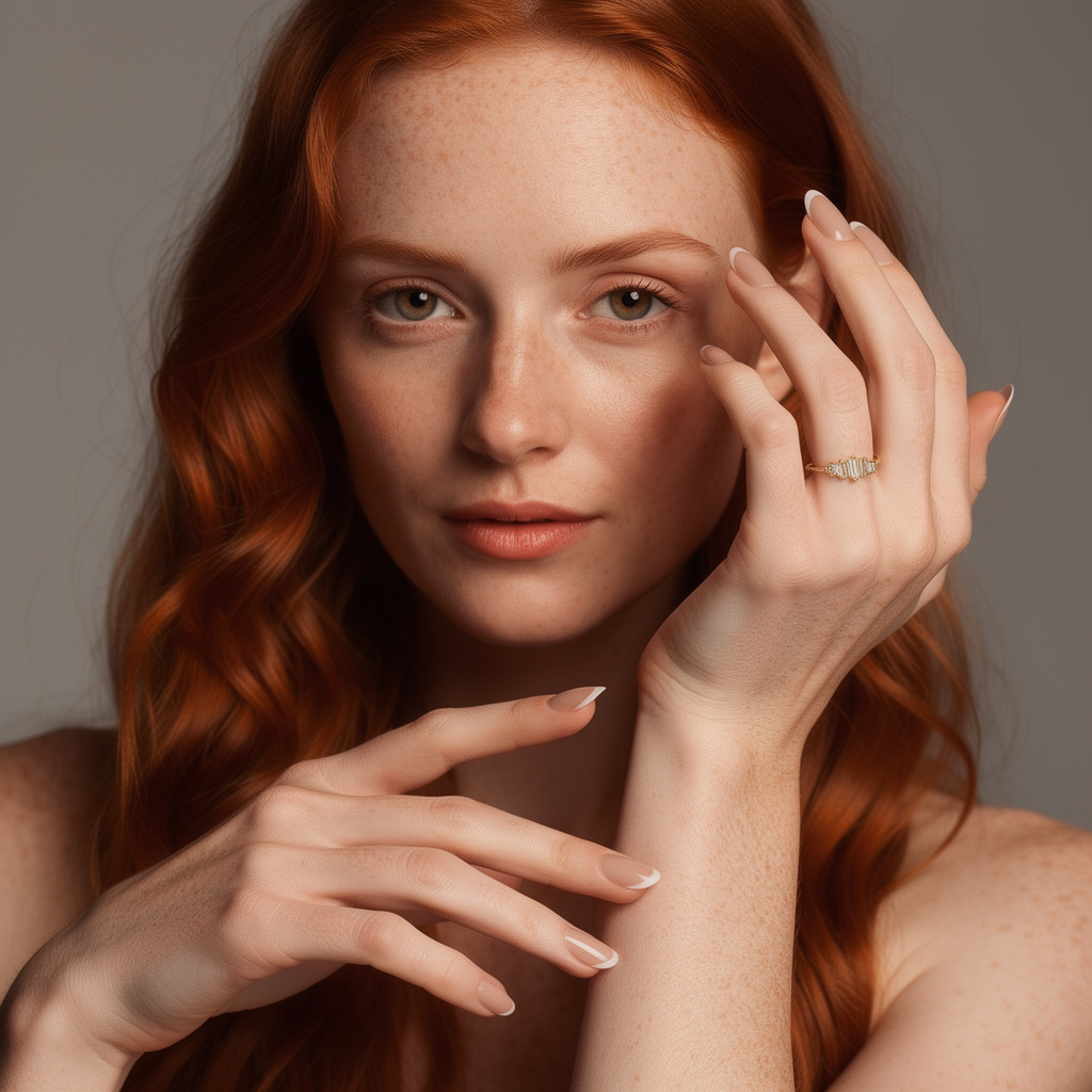 Woman with red hair and freckles touching her face against a neutral background