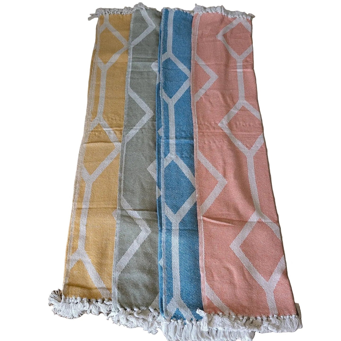 Four patterned scarves in yellow, gray, blue, and pink on a white background