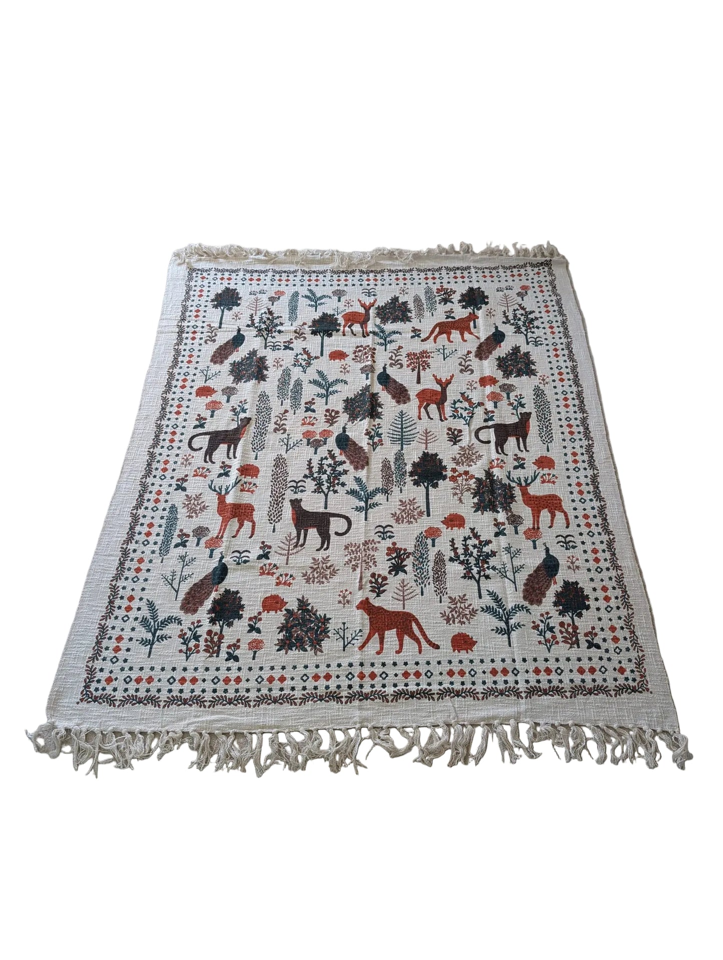 Decorative rug with animal patterns on a carpeted floor